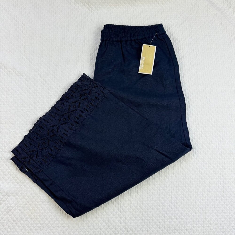 NWT Michael Kors Womens Large Linen Lace Hem Wide Leg Cropped Pants Navy $135 - Picture 2 of 10